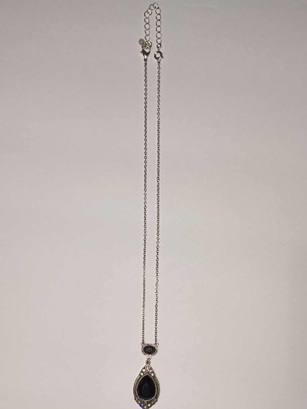 Silver Teardrop Necklace with Black Stone Accent